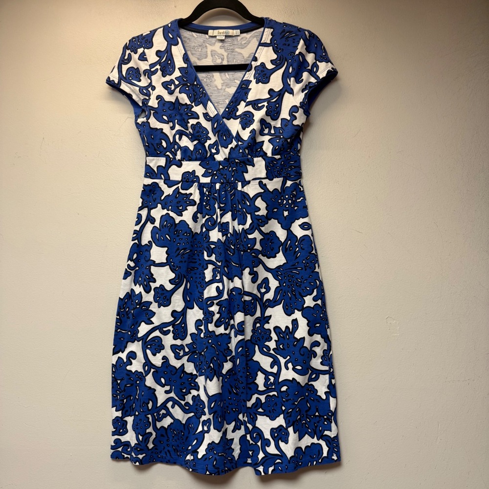 Boden Jersey Dress Womens 4P Blue White Floral V-Neck Empire WH980 Excellent